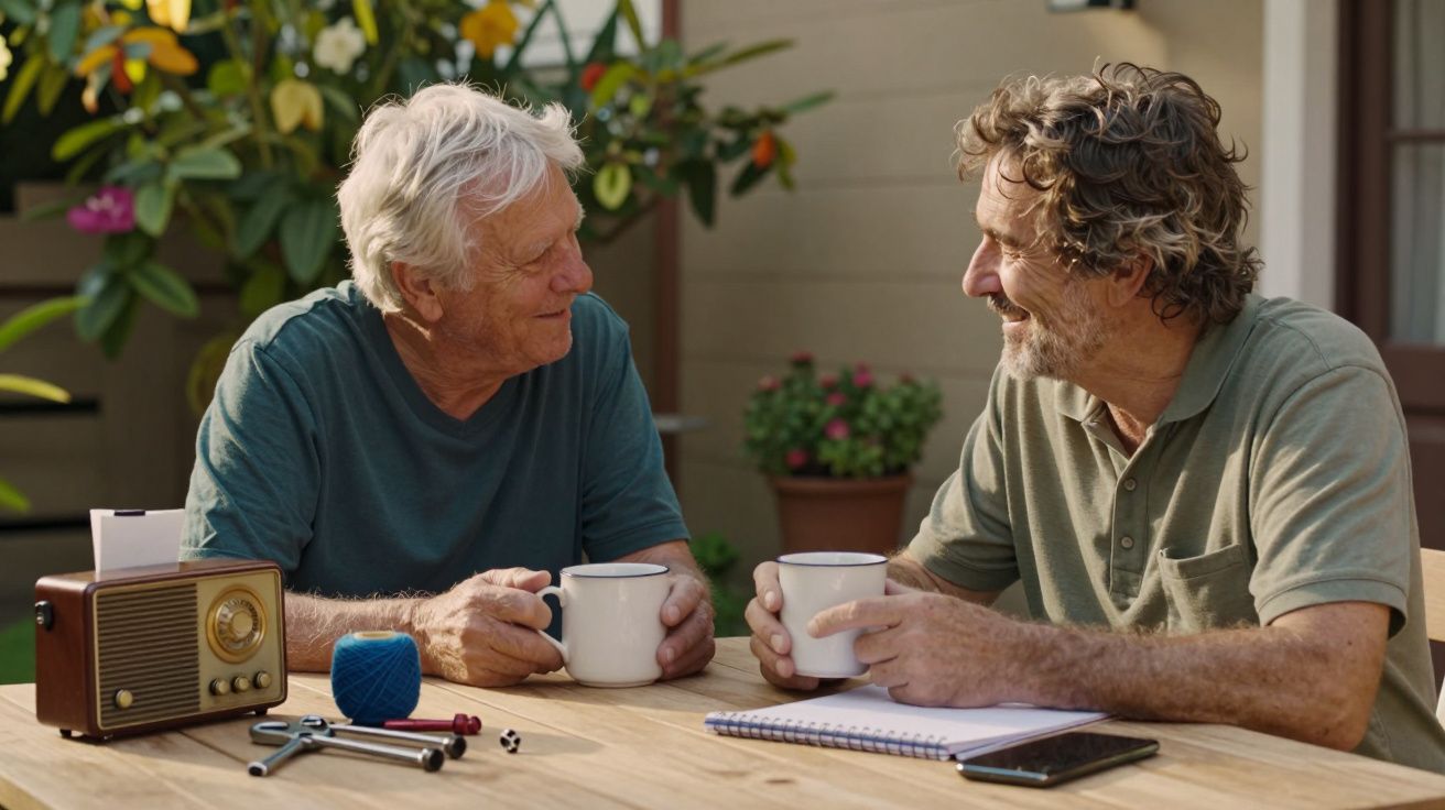 Dois homens a tomar café e conversar numa mesa de jardim, rodeados de plantas e objetos como um rádio e bloco de notas.