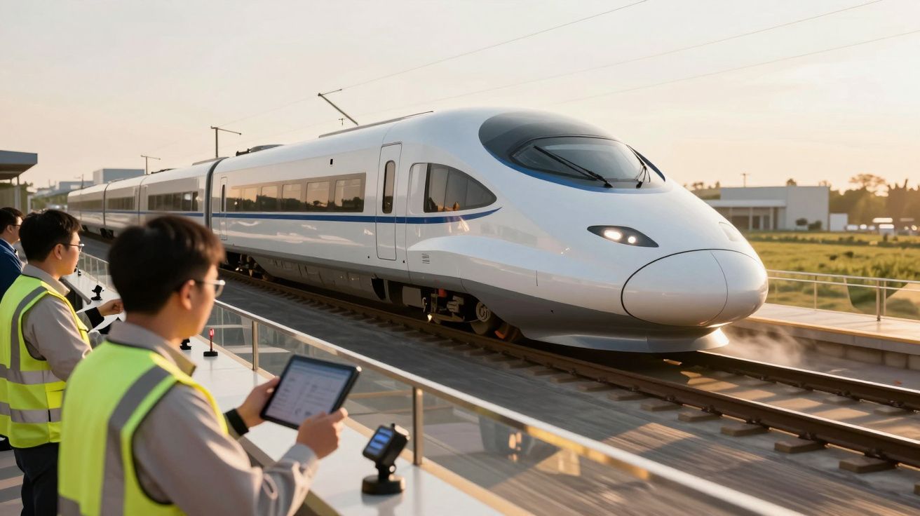 Comboio de alta velocidade em movimento numa plataforma, com pessoas em coletes refletores a observar.