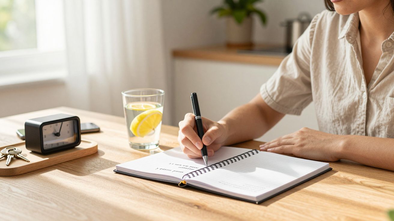 Pessoa a escrever num caderno espiral numa mesa de madeira, ao lado de um copo com água e limão e um relógio de mesa.