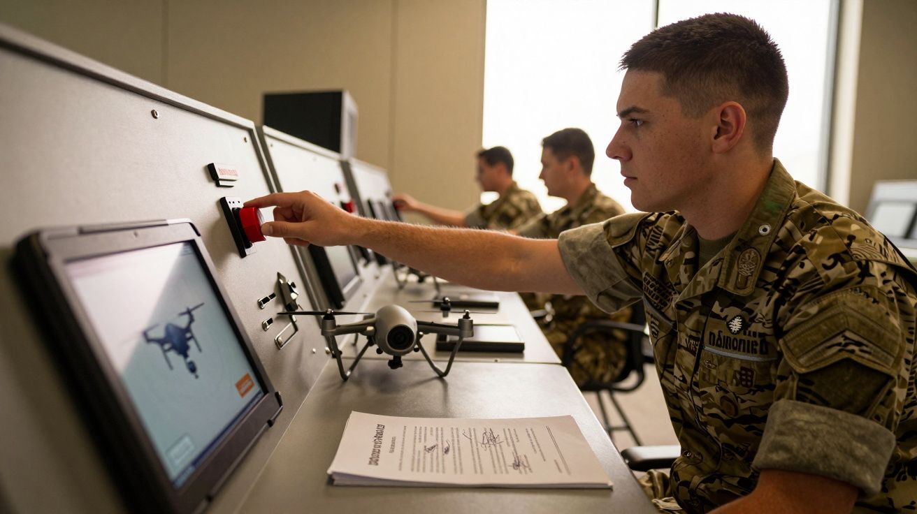 Soldado opera simulador de drone em sala de controle, usando uniforme camuflado. Outros dois soldados ao fundo.