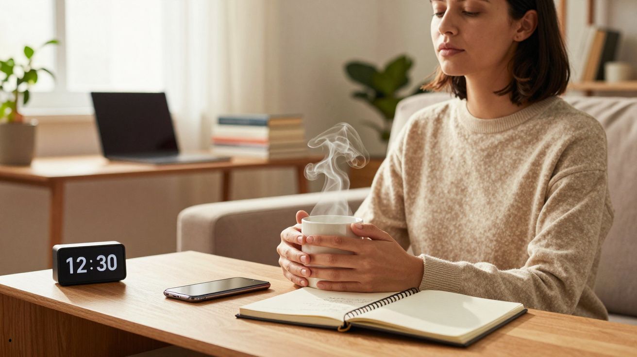 Mulher sentada a meditar com uma chávena de chá, caderno aberto e relógio digital a marcar 12:30.