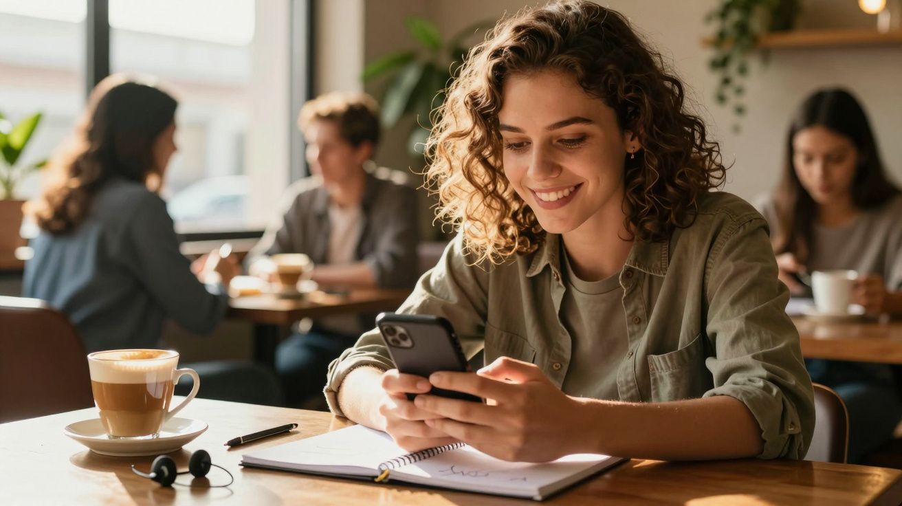 Mulher sorridente usa smartphone numa cafetaria com caderno e café à frente. Pessoas conversam ao fundo.