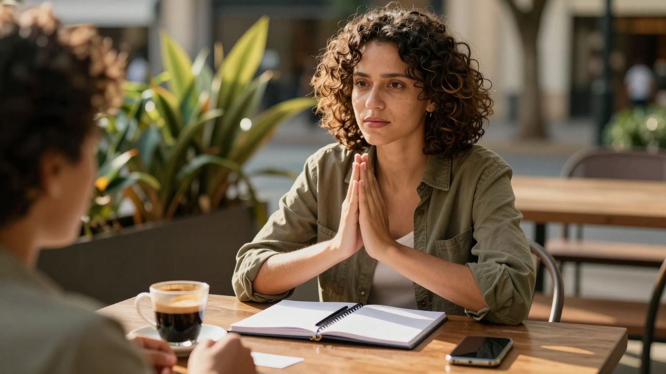 Mulher com caderno aberto, sentada em café ao ar livre, conversa com pessoa à sua frente.