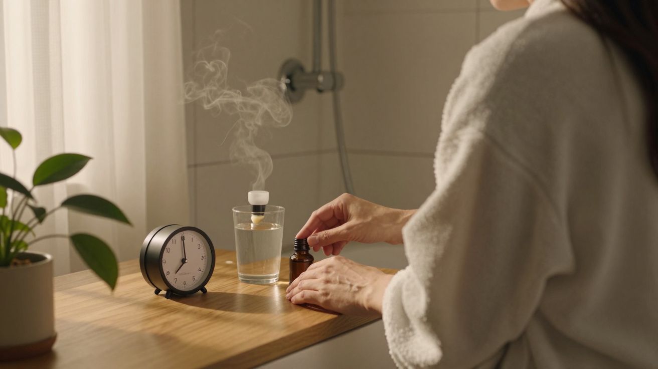 Mulher em robe ao lado de um copo com vapor, relógio e planta, possivelmente preparando óleo essencial.