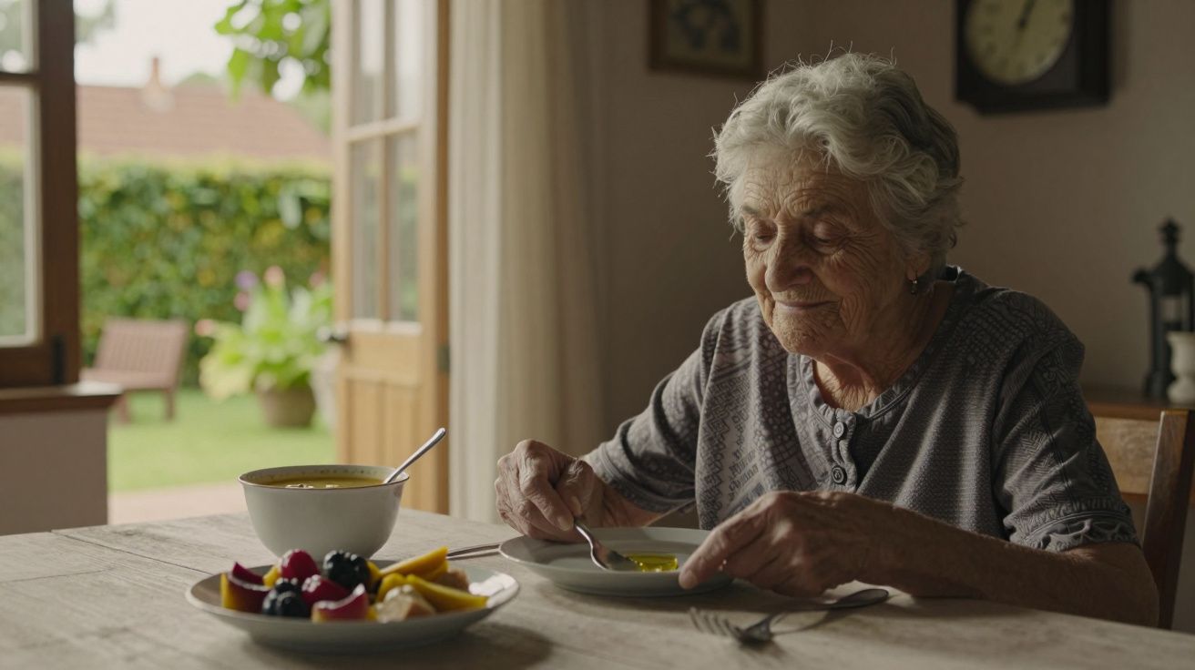Idosa feliz comendo sopa e fruta à mesa, com porta aberta para um jardim ao fundo.