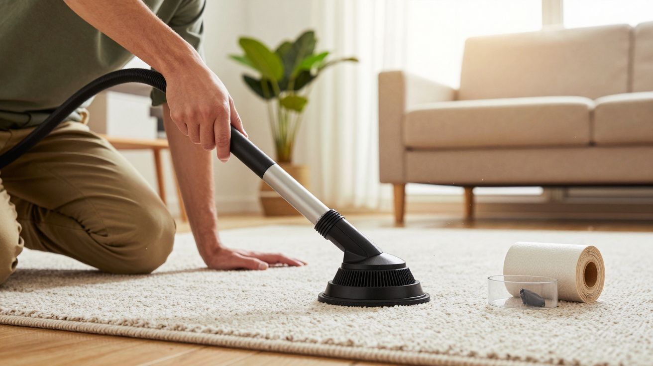 Pessoa a limpar tapete com aspirador, sala com sofá bege e planta ao fundo.