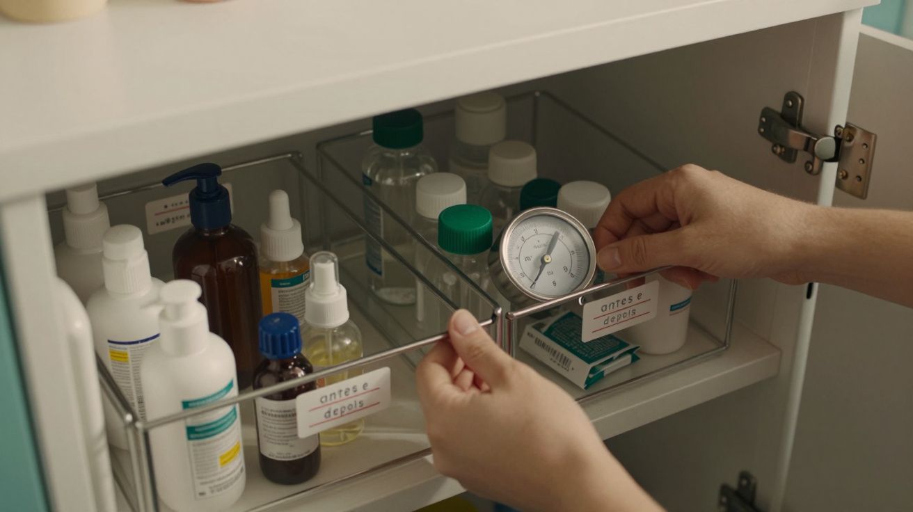 Mãos ajustando uma prateleira com medicamentos e produtos, incluindo um medidor de pressão, dentro de um armário branco.
