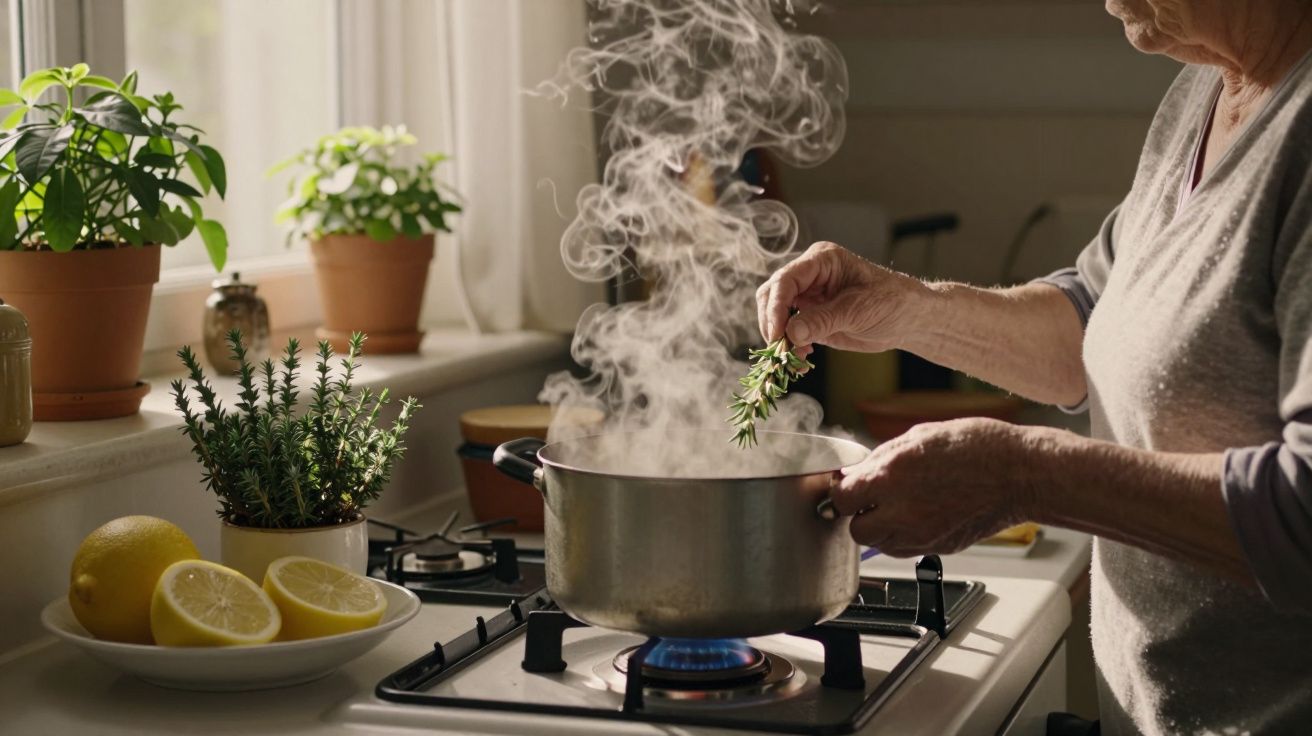 Pessoa cozinha numa panela a ferver, adicionando ervas aromáticas. Plantas e limões sobre a bancada.