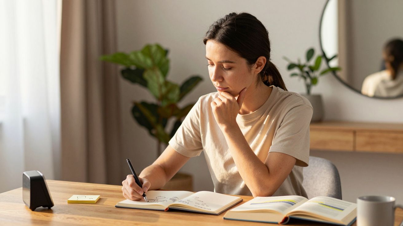 Mulher a escrever num caderno, sentada à mesa com livros abertos e chávena, em ambiente de trabalho ou estudo.