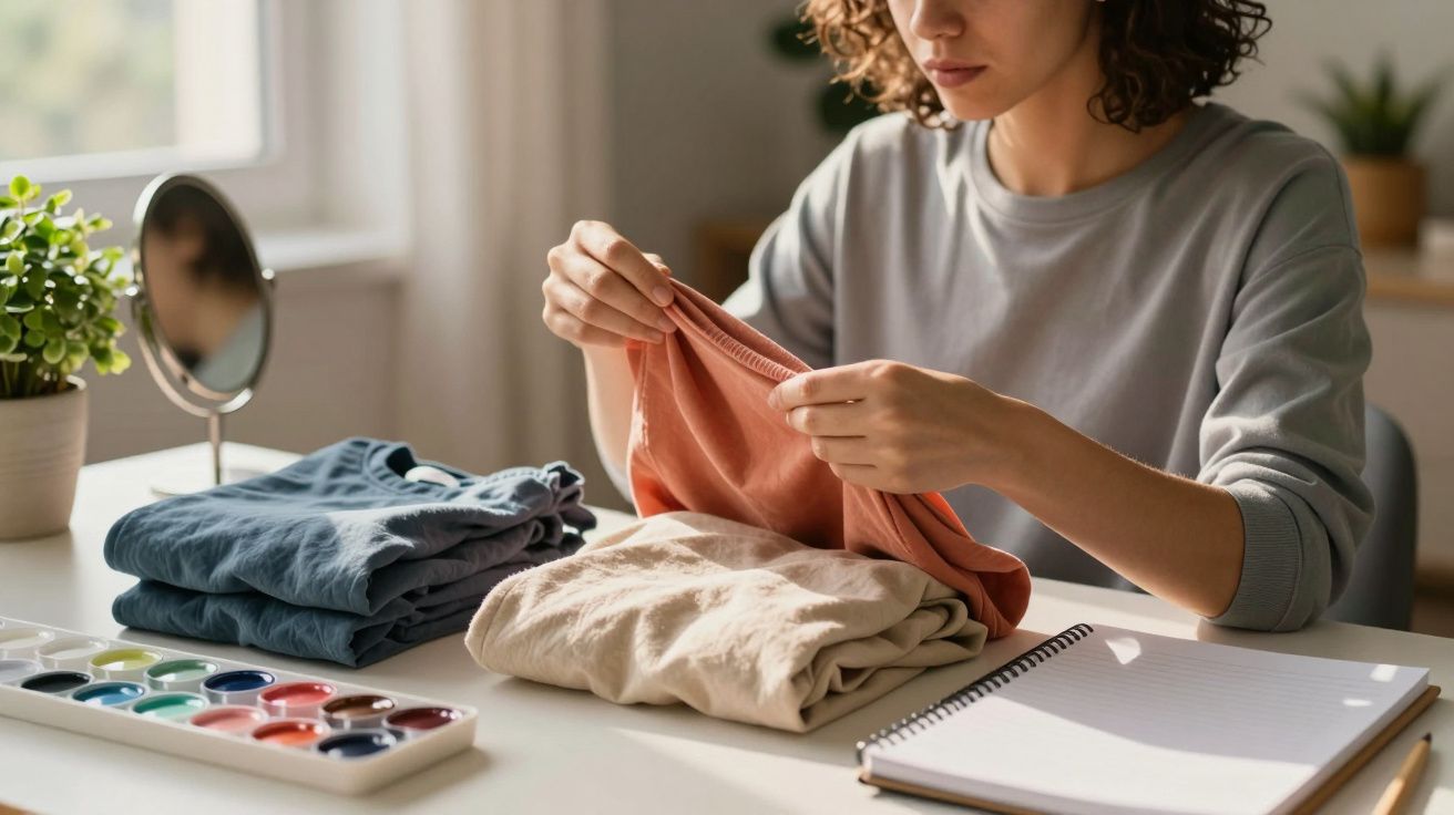 Mulher dobrando roupas em uma mesa com caderno, tintas e plantas ao fundo.