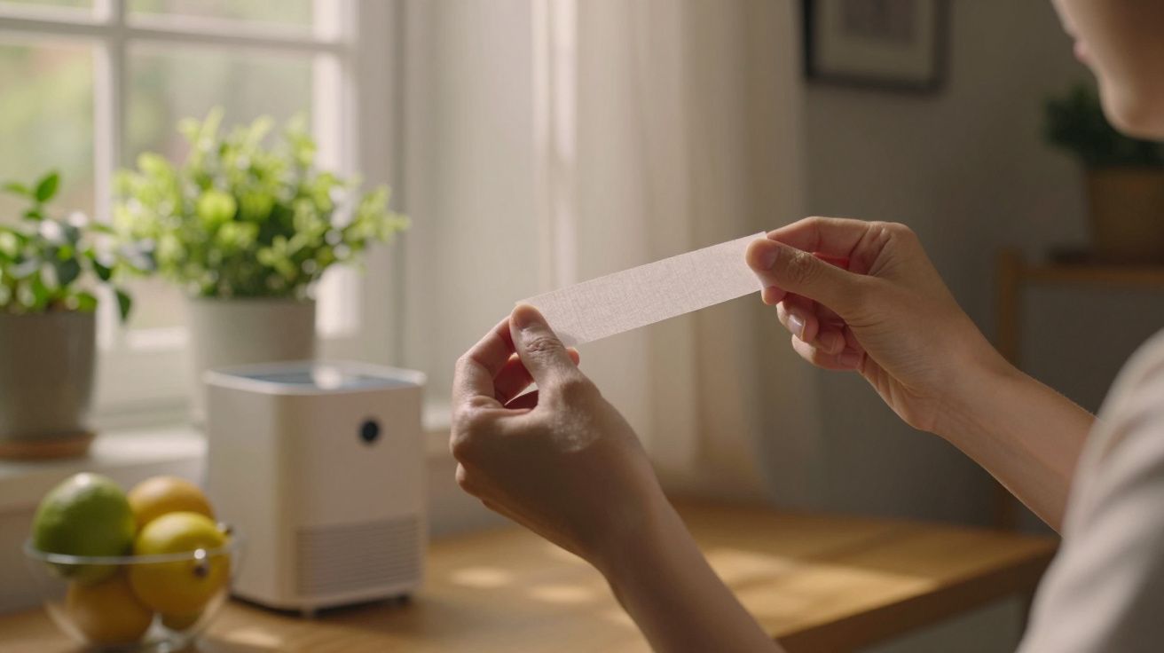Mãos segurando uma tira de papel perto de uma janela com plantas e um difusor de ar sobre a mesa.