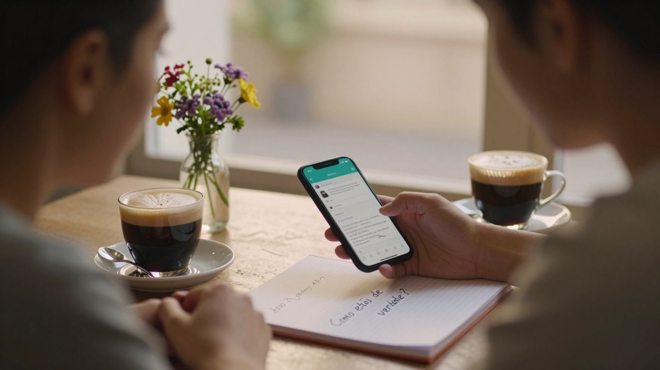 Duas pessoas numa mesa de café, uma segura um telemóvel, a outra escreve num bloco. Há flores e chávenas de café.