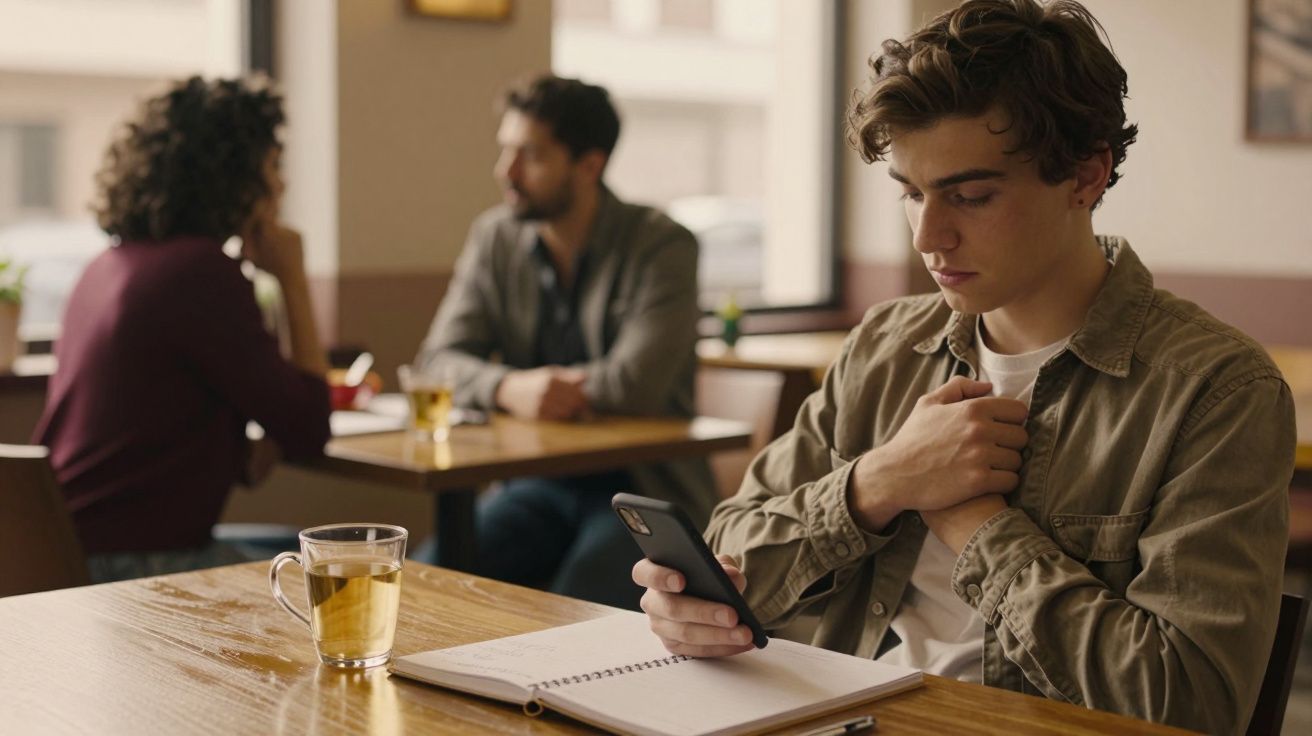 Homem jovem, concentrado no telemóvel, sentado num café com um caderno, com outras pessoas desfocadas ao fundo.