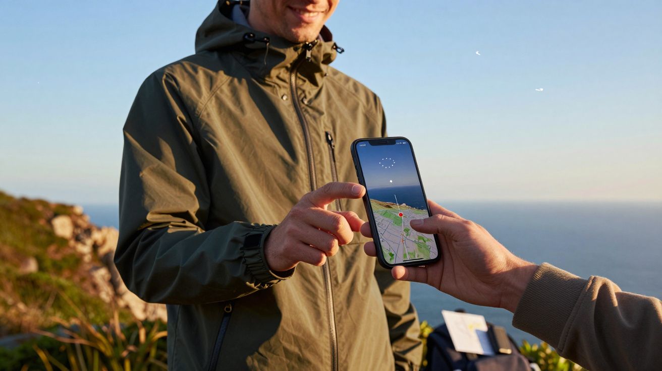Homem aponta para um smartphone com mapa, ao ar livre, junto ao mar e vegetação.