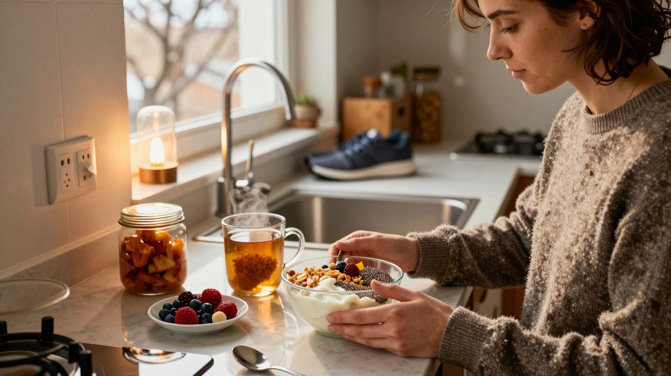 Mulher prepara pequeno-almoço saudável na cozinha com iogurte, frutas e chá.