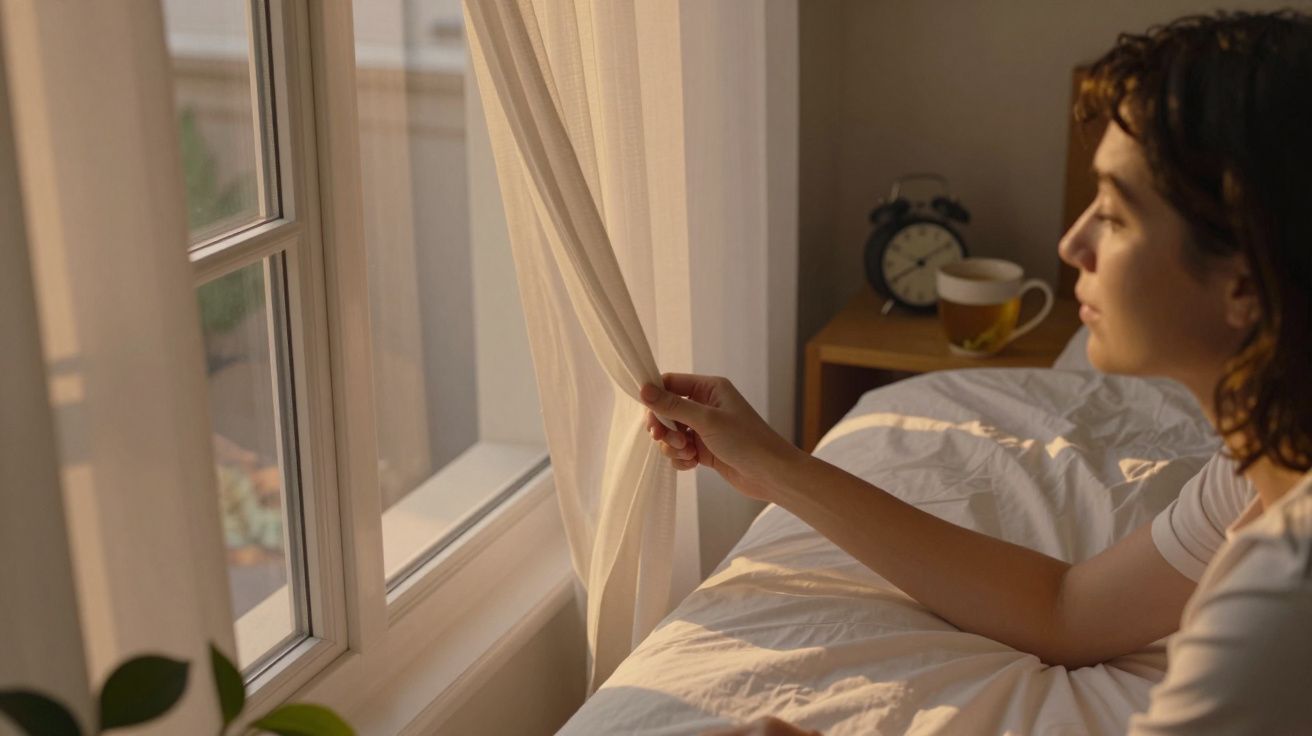 Mulher sentada na cama, puxando a cortina, olhando pela janela, com luz suave do amanhecer iluminando o quarto.
