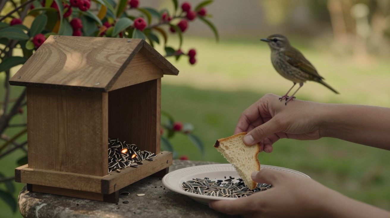 Pessoa alimentando pássaro num jardim com sementes e pão, junto a uma casinha de madeira para pássaros.
