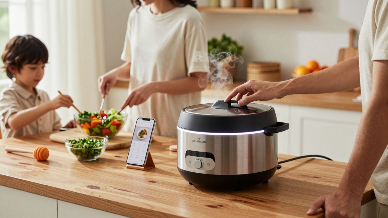 Pessoa ajusta panela elétrica enquanto criança e adulto preparam salada em cozinha moderna.