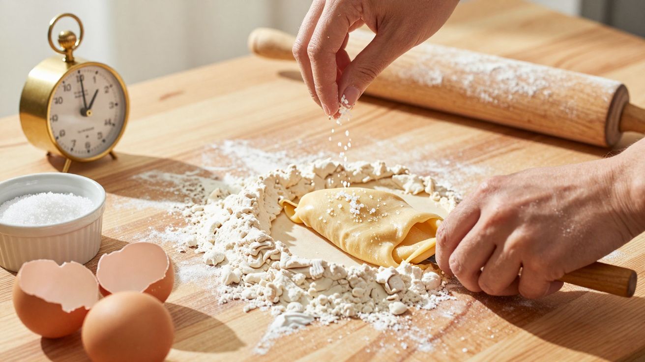 Mãos preparam massa, acrescentando sal, rodeados por farinha, ovos, rolo da massa e relógio numa mesa de madeira.