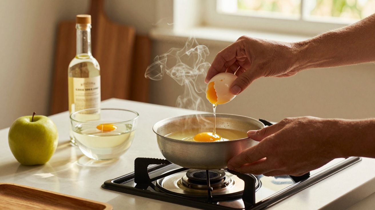 Pessoa a quebrar ovo numa frigideira em lume aceso; maçã e vinagre na bancada ao lado.