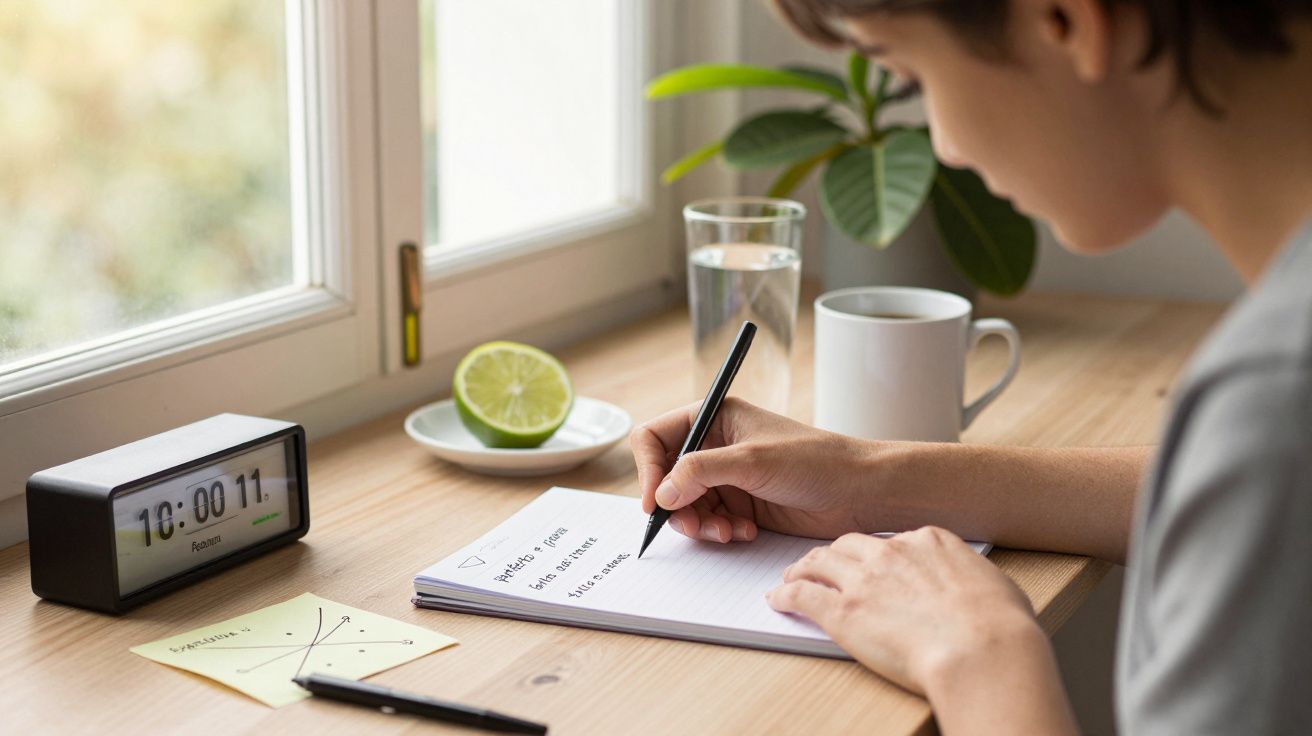 Pessoa escreve em caderno numa mesa com relógio, limão, planta, copo de água e caneca ao lado de uma janela iluminada.