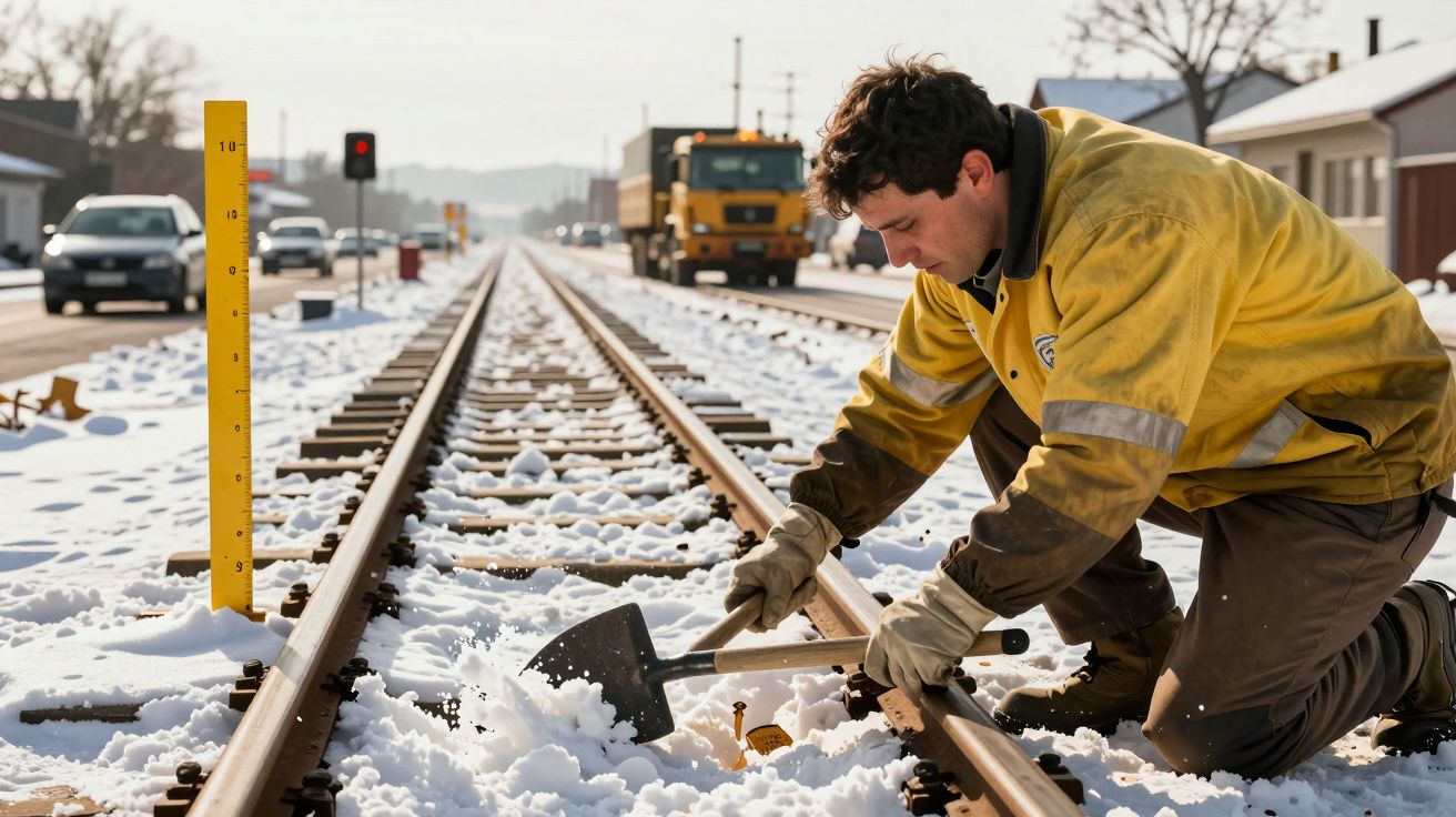 Trabalhador a remover neve dos trilhos ferroviários com pá numa estação em cenário de inverno.