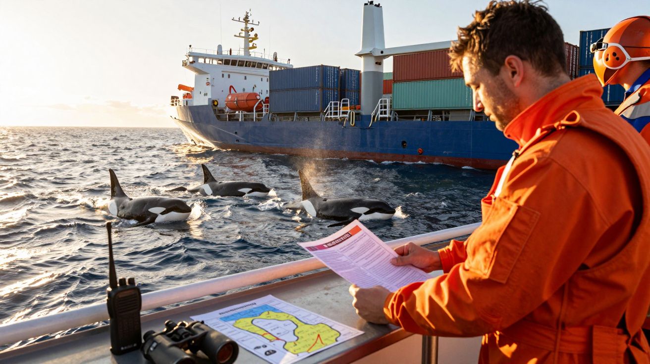 Homem observa orcas no mar ao lado de navio de carga; mapa e binóculos no parapeito.