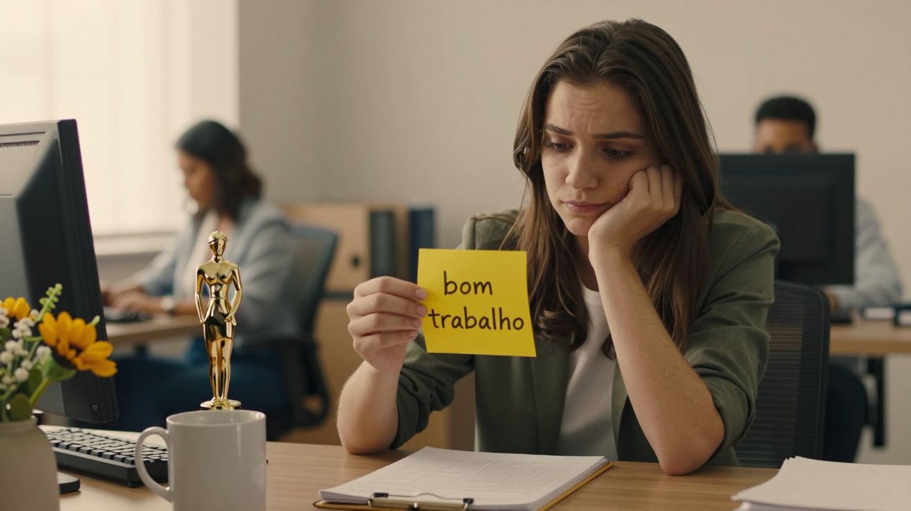Mulher entediada segura nota "bom trabalho" num escritório, com troféu e flores na mesa ao lado de um computador.