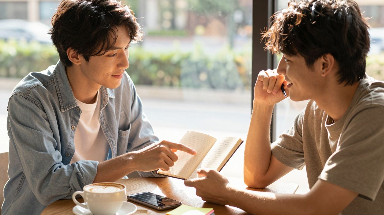 Dois homens conversam numa café, um aponta para um livro aberto enquanto o outro escuta atentamente.