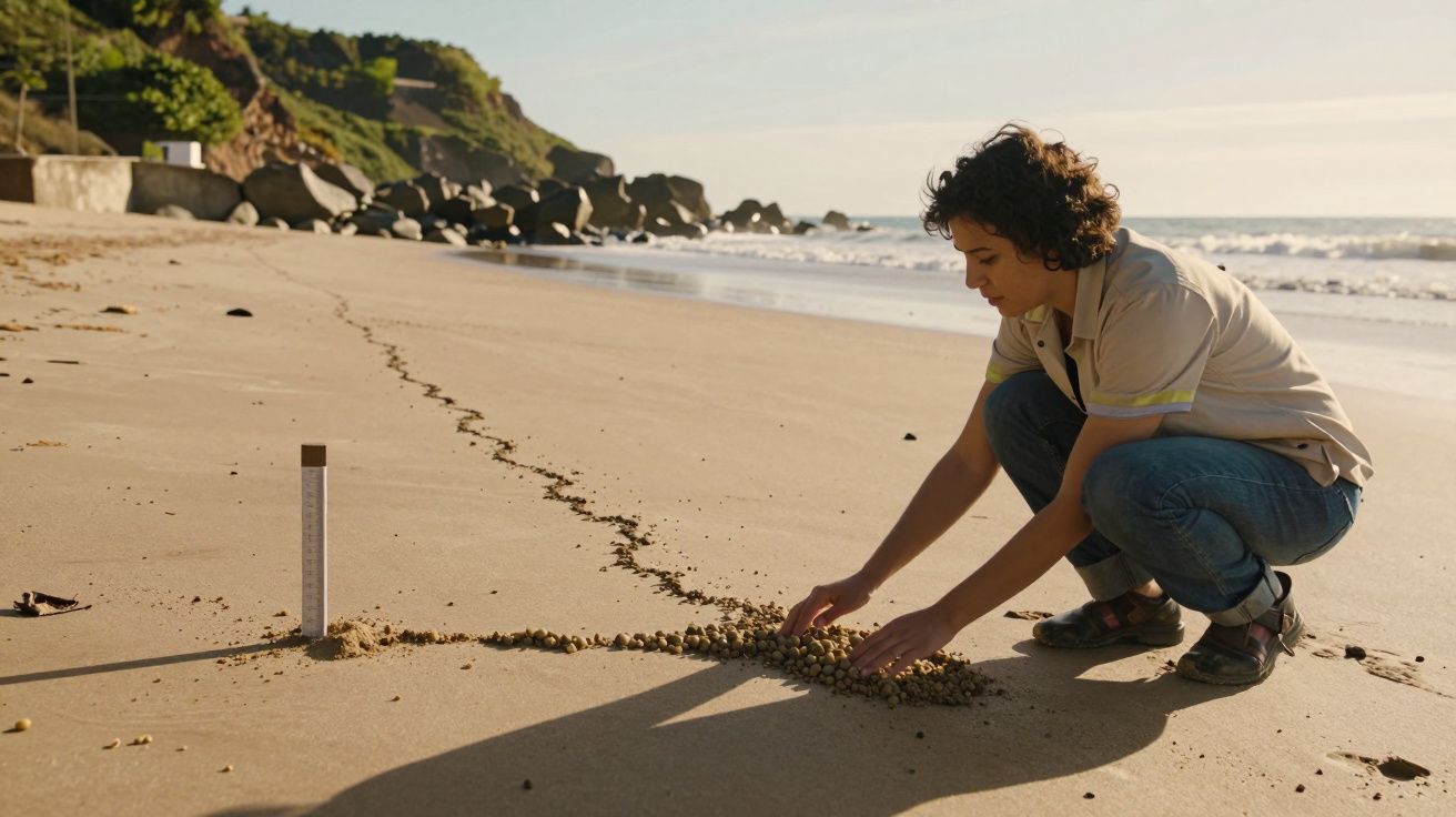 Pessoa agachada na praia, organizando pedras pequenas junto a uma vara na areia, com o mar ao fundo.