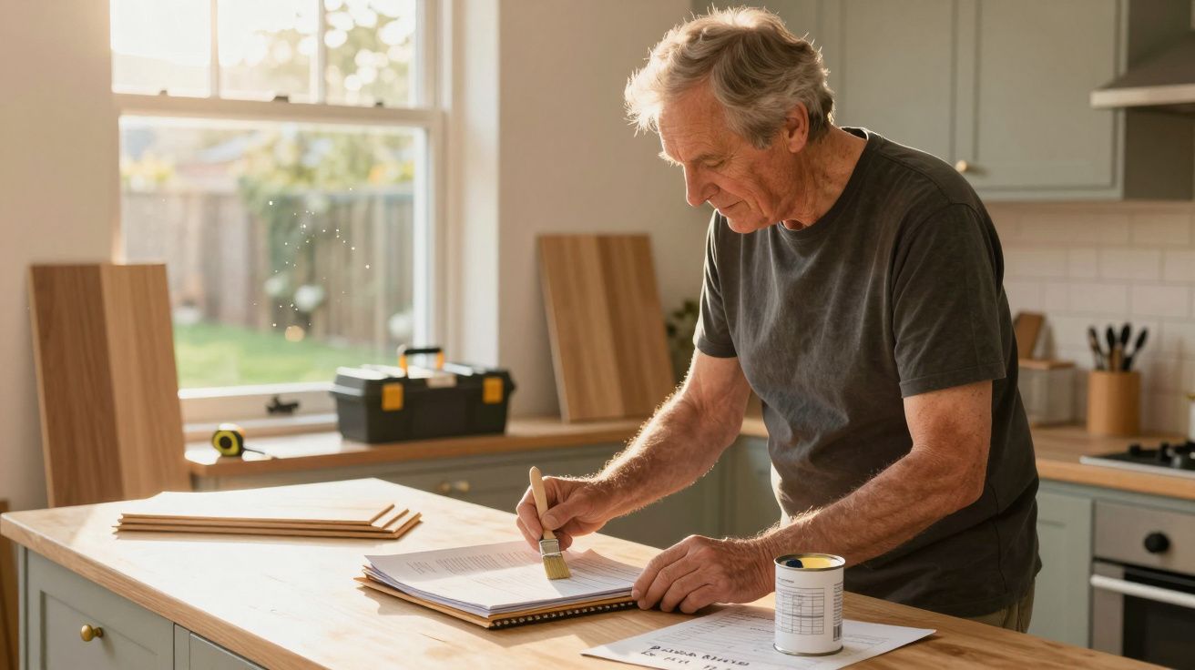 Homem idoso pintando madeira com verniz numa cozinha iluminada pelo sol, com ferramentas ao fundo.