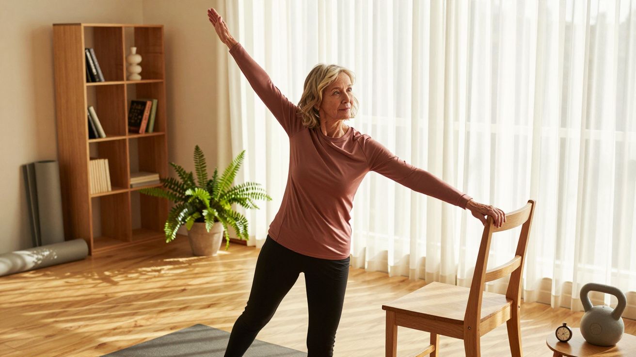 Mulher idosa faz exercício de alongamento em casa, segurando uma cadeira. Há uma planta e uma prateleira ao fundo.