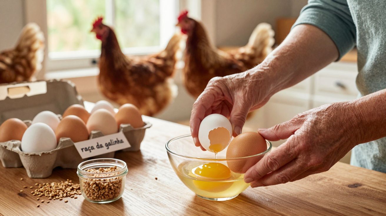 Pessoa a partir ovos numa tigela, com galinhas ao fundo numa cozinha iluminada.