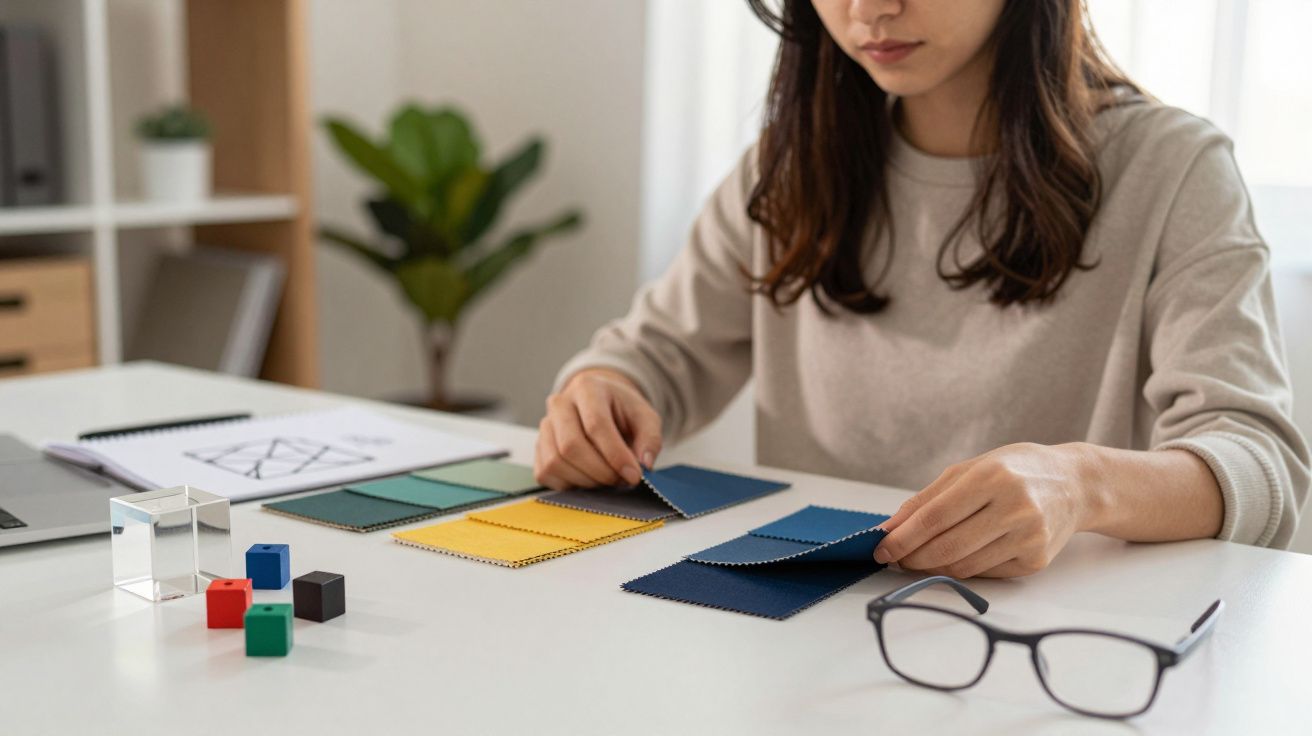 Mulher a escolher amostras de tecido coloridas num escritório, com óculos e cubos na mesa.
