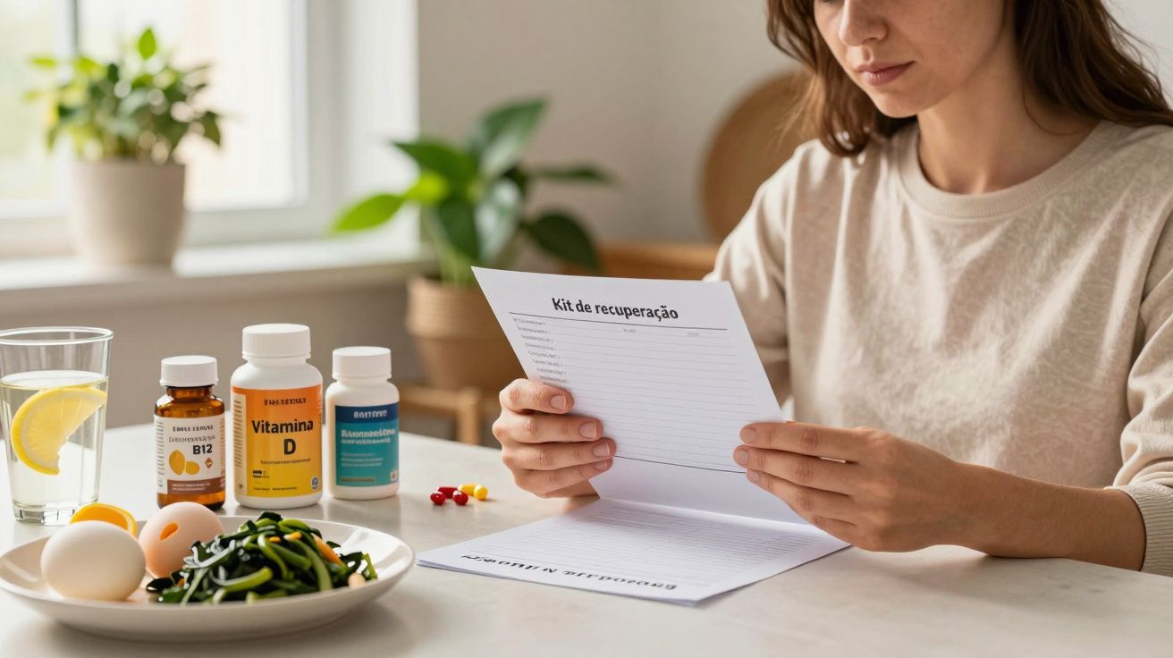 Mulher sentada à mesa com kit de recuperação, vitaminas, água e prato de ovos.