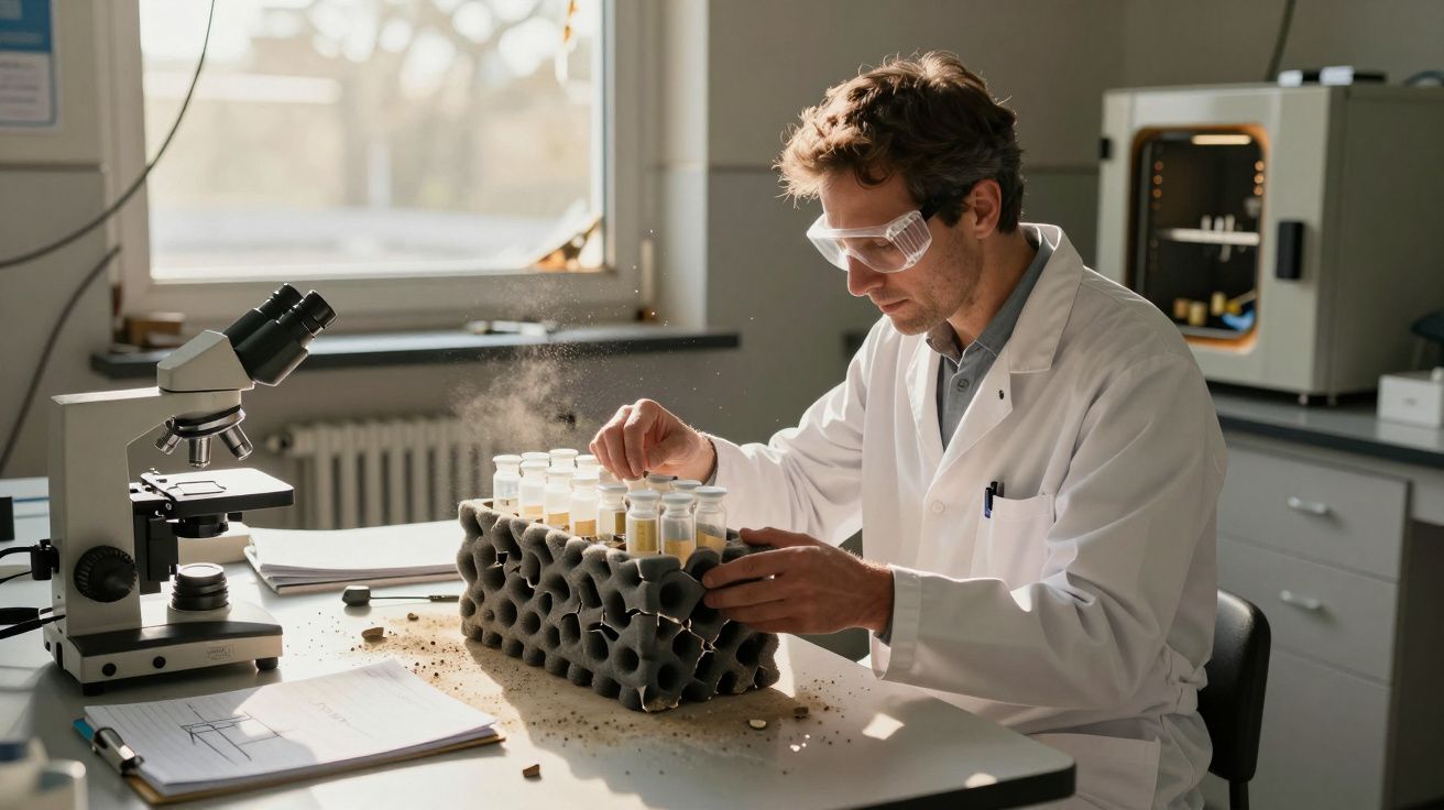 Cientista analisa tubos de ensaio em laboratório, usando óculos de proteção e bata branca.