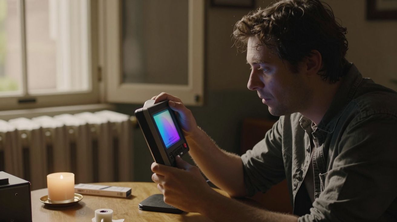 Homem observa um dispositivo portátil com um ecrã colorido numa sala iluminada por luz natural e uma vela.