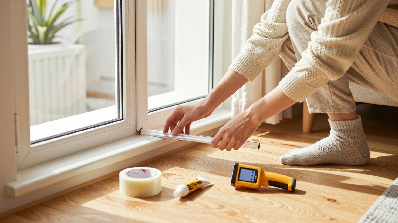 Pessoa instala vedação numa janela de vidro, com fita adesiva, cola e termómetro digital ao lado.