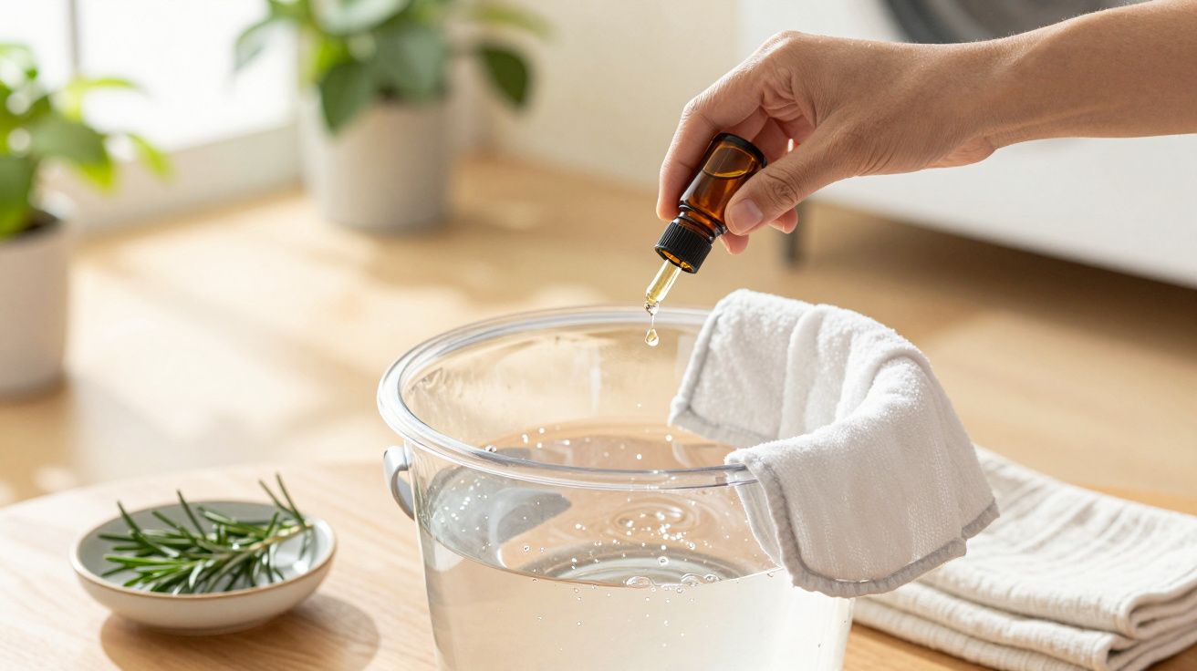 Mão segurando frasco de óleo essencial sobre tigela de água, com uma toalha e prato de alecrim na mesa.
