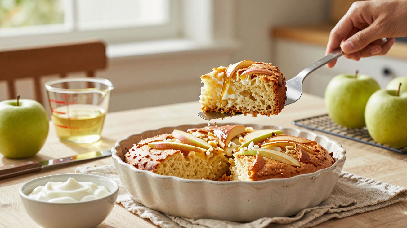 Tarte de maçã caseira com fatias no topo, servida numa forma redonda. Uma fatia é levantada por um garfo.