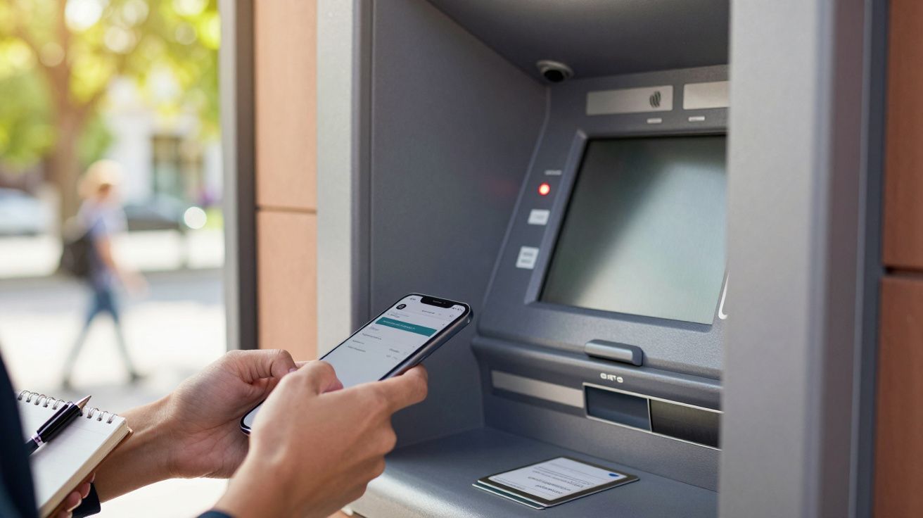 Pessoa usa um smartphone em frente a um multibanco ao ar livre.