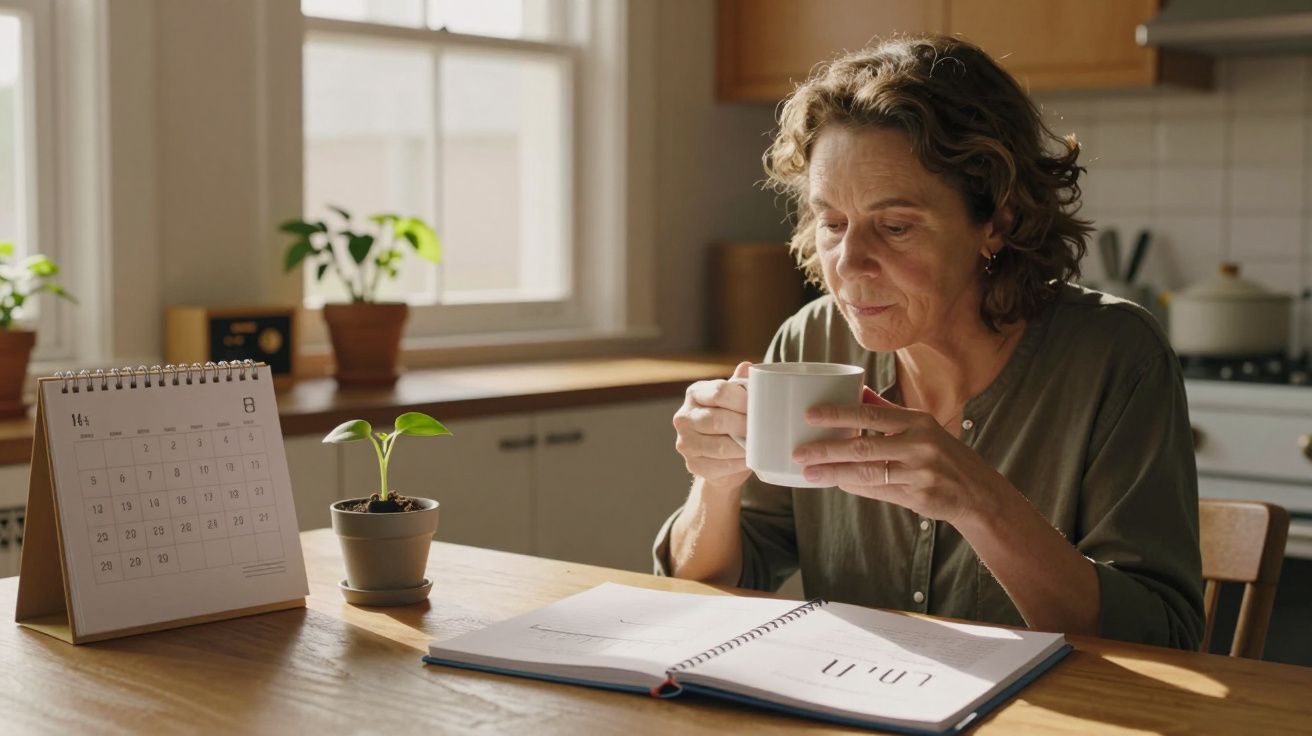 Mulher sentada à mesa, segura uma chávena e olha para um livro aberto. Há um calendário e uma planta ao lado.