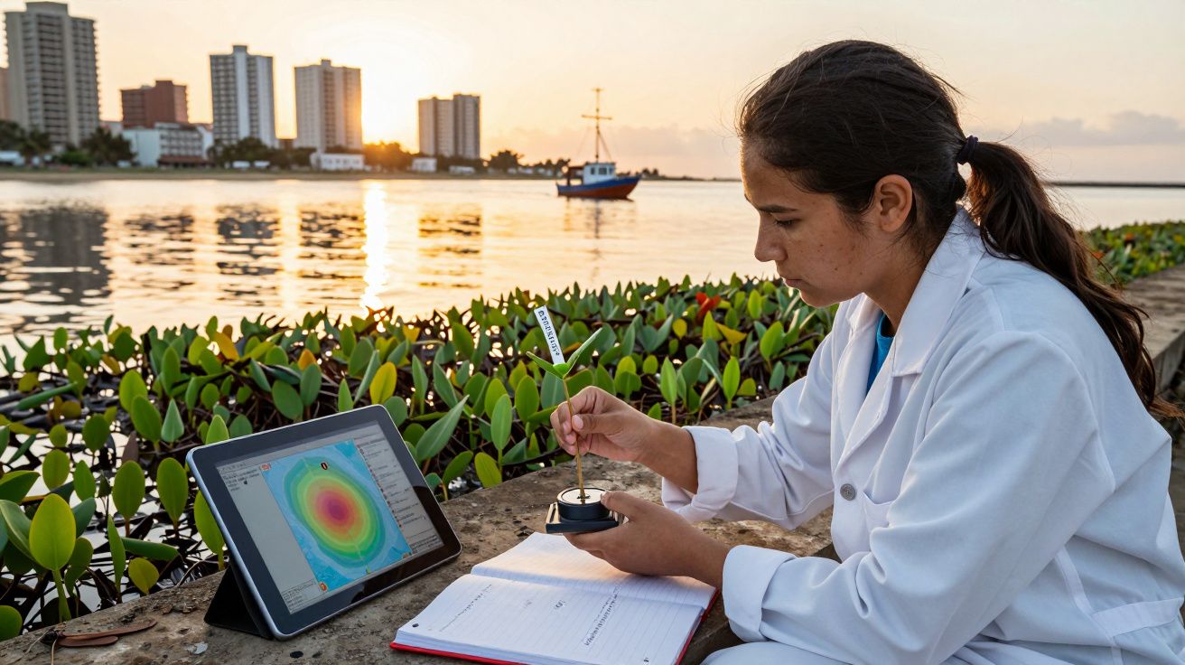 Mulher em laboratório ao ar livre, analisa dados em tablet à beira de um lago, com prédios ao fundo.