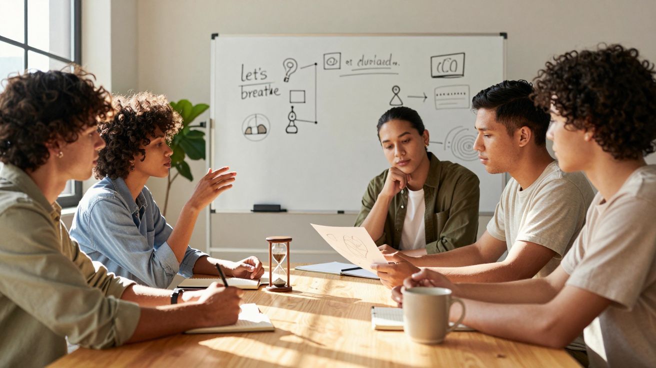 Grupo de pessoas em reunião numa sala iluminada, mesa de madeira, quadro branco ao fundo com desenhos e palavras.