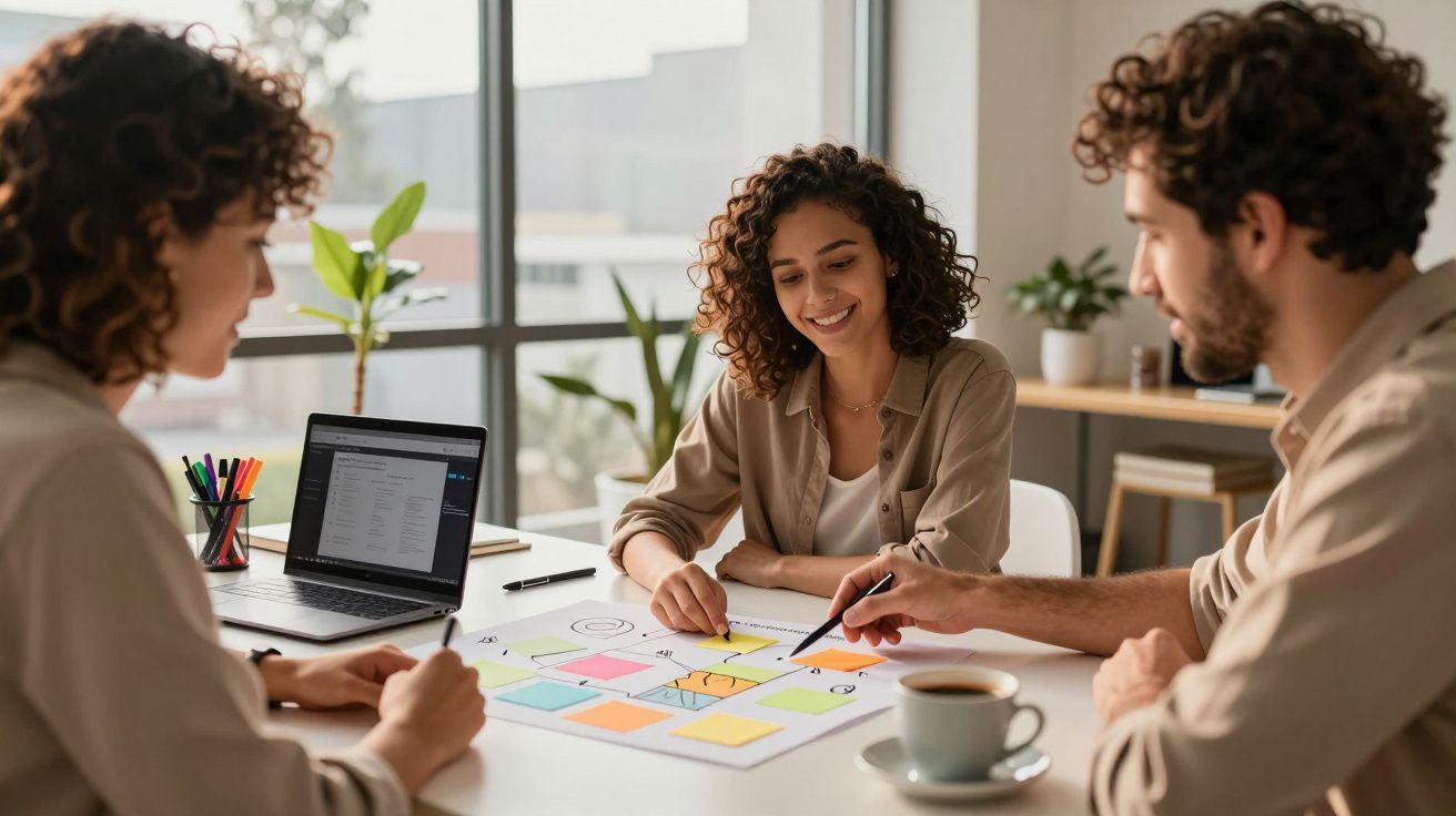 Três pessoas colaboram em sessão de brainstorming numa mesa com notas adesivas e laptop, num escritório iluminado.