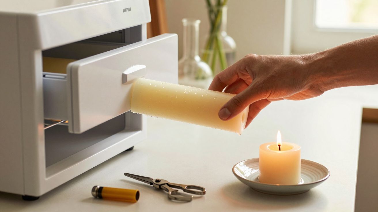 Mão a colocar vela num mini-forno em cima de bancada branca, próxima de uma vela acesa num prato.