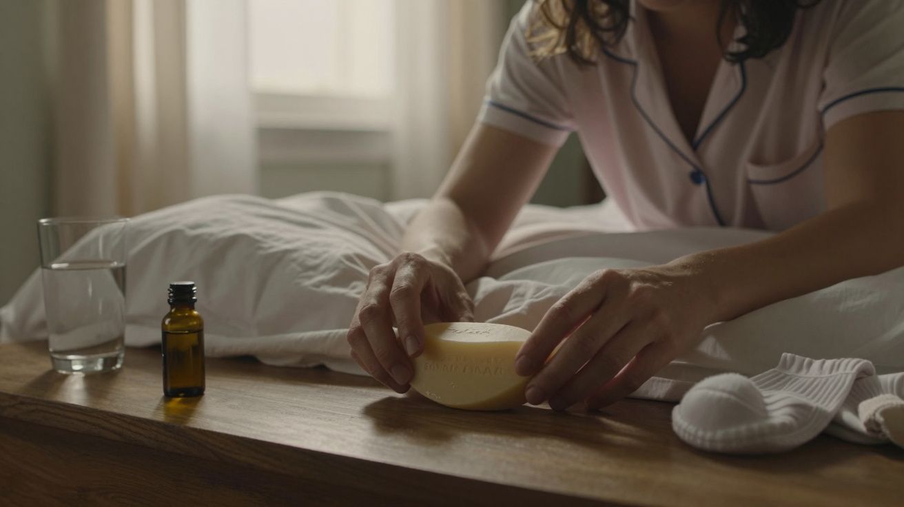 Mulher em pijama segura sabonete na cama, com garrafa pequena e copo de água ao lado.