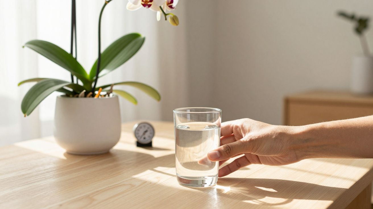 Mão segurando um copo de água numa mesa de madeira, com planta em vaso ao lado e janela iluminando a cena.