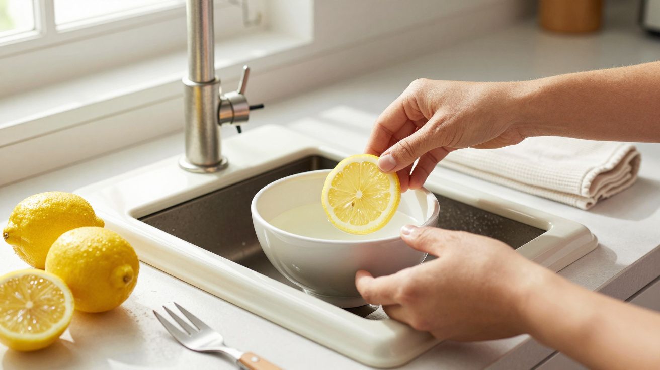 Mãos segurando rodela de limão sobre uma tigela de água na pia, com limões e garfo ao lado.