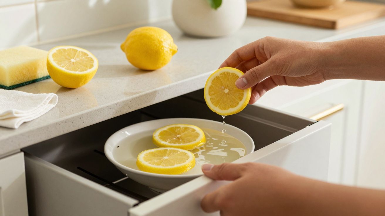 Mão colocando fatia de limão numa taça com água dentro de uma gaveta; limão inteiro ao fundo sobre bancada clara.